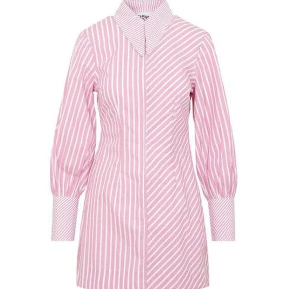 GANNI Stripe Cotton Long Collar Front Zip Mini Dress - Picture 1 of 5
